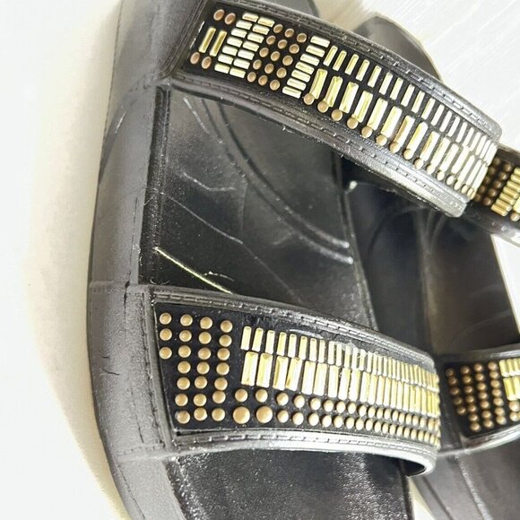 Slip on sandals, black w gold beads on straps, size 8 US - Picture 10 of 16